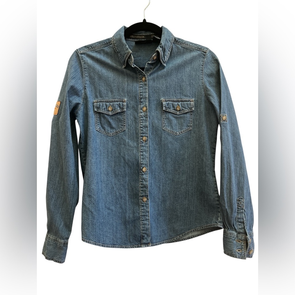Harley-Davidson Denim Button Down Shirt Small Cotton Moto Western Chambray Top